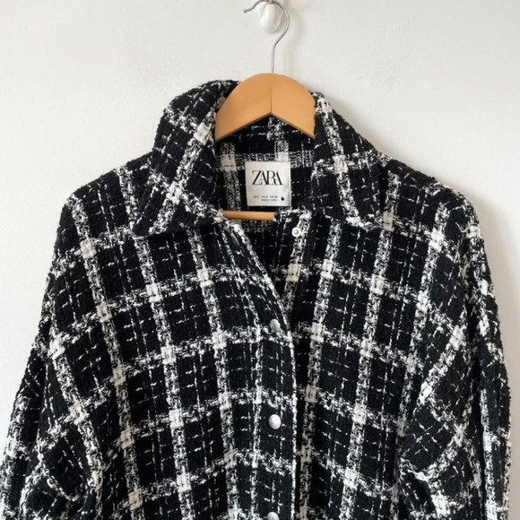 Zara Check Tweed Snap  Button Shirt Jacket Black White Bloggers Fave Size Small - Picture 5 of 7